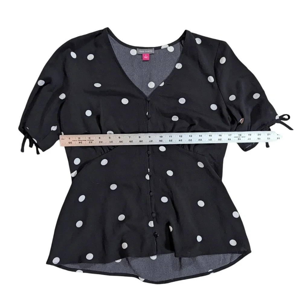 Vince‎ Camuto Blouse Womens S Black White Polka Dot Button Tie Sleeve Peplum